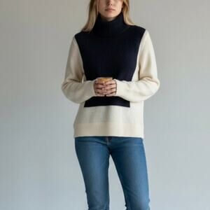 A.L.C. Cream Contrast Navy Blue Wool Alpaca Turtleneck Sweater